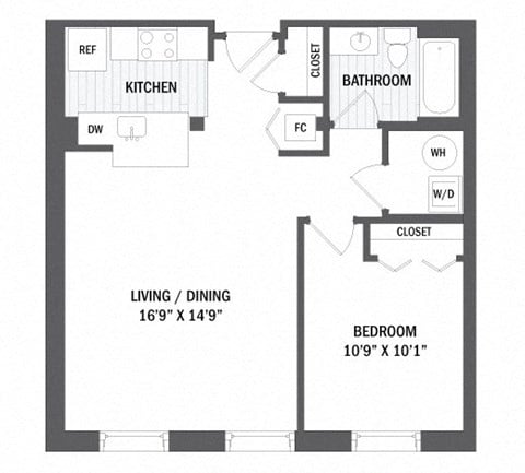 Floor plan for 1 bed, 1 bath, 795 sqft